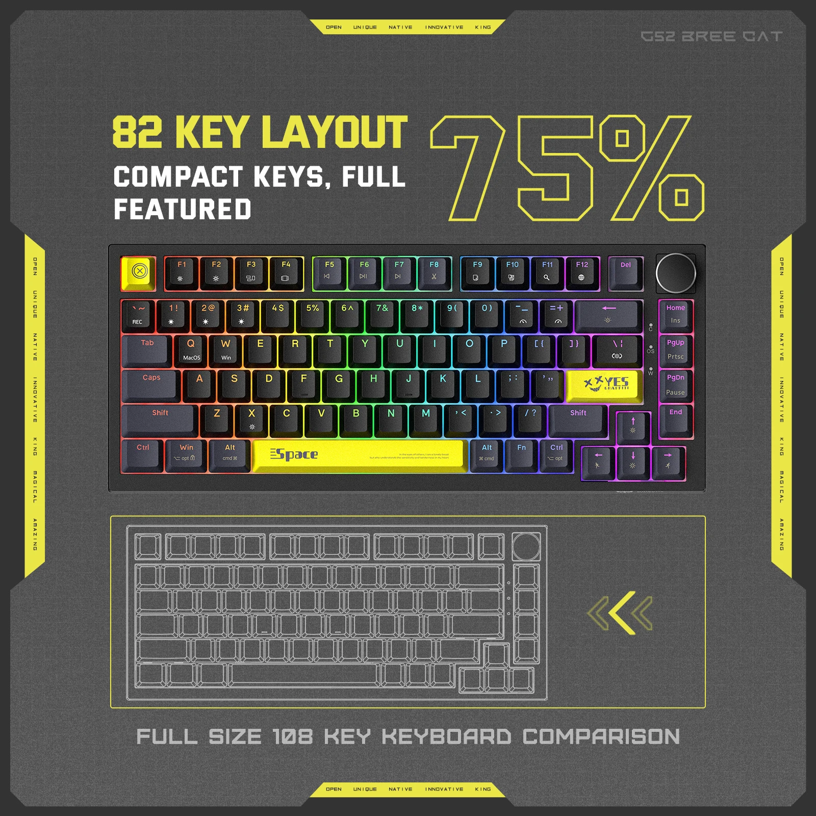 ONIKUMA G52 82 Keys Hot Swappable Mechanical Keyboard RGB Backlit Gaming Keyboard with Rotary Knob Full Key No Conflict for Game