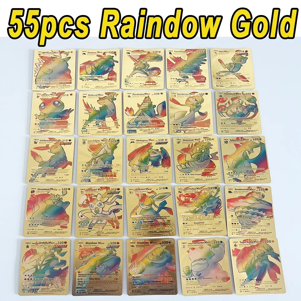 Pokemon 55pcs Game Cards English Spanish French German Pikachu Card Set Gold Silver Black Game Collector Tabletop Battle Cards