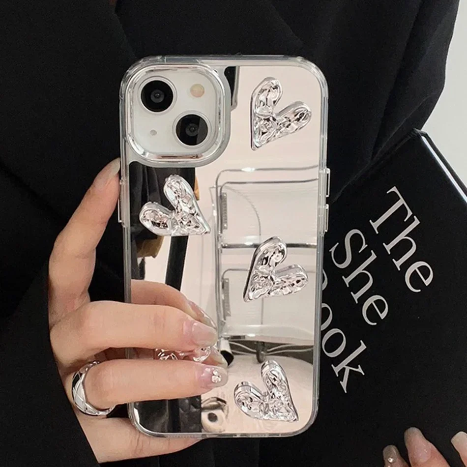 Shining Mirror 3D Heart Case for iPhone 11 12 13 14 15 Pro Max 7 8 Plus SE 2020 15Pro X XR XS MAX Hard Shockproof Phone Cover