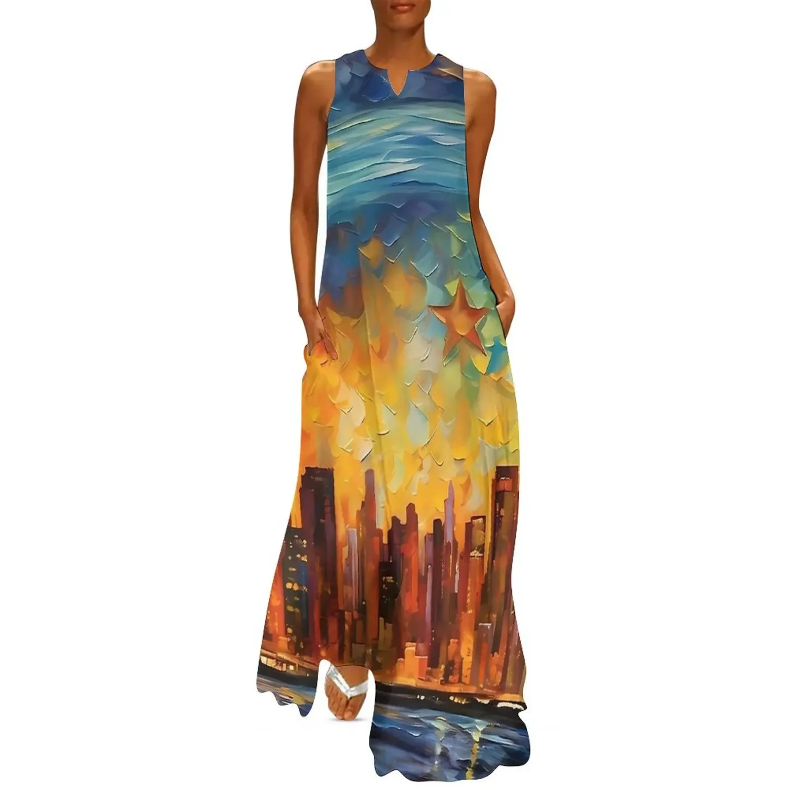 Las Vegas Sternennachtkleid Vintage Maxikleid V-Ausschnitt Benutzerdefinierte lässige lange Kleider Street Wear Vestido Elegantes Party-Damenkleid
