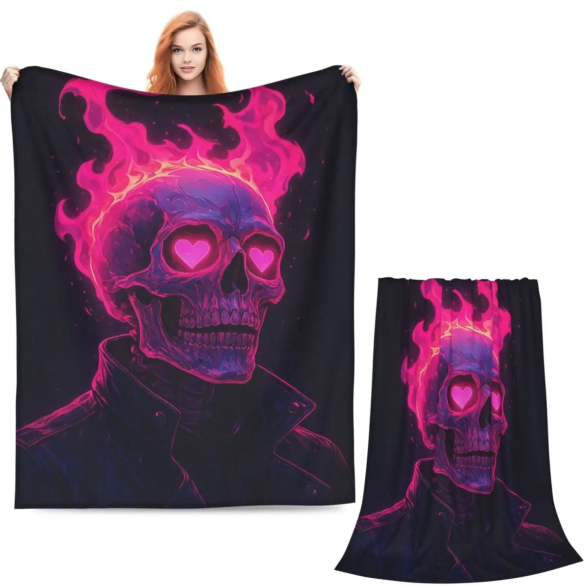 Pink Skull And Heart Eye Gothic Blankets Soft Warm Flannel Throw Blanket Bedspread for Bed Living room Picnic Travel Home Sofa