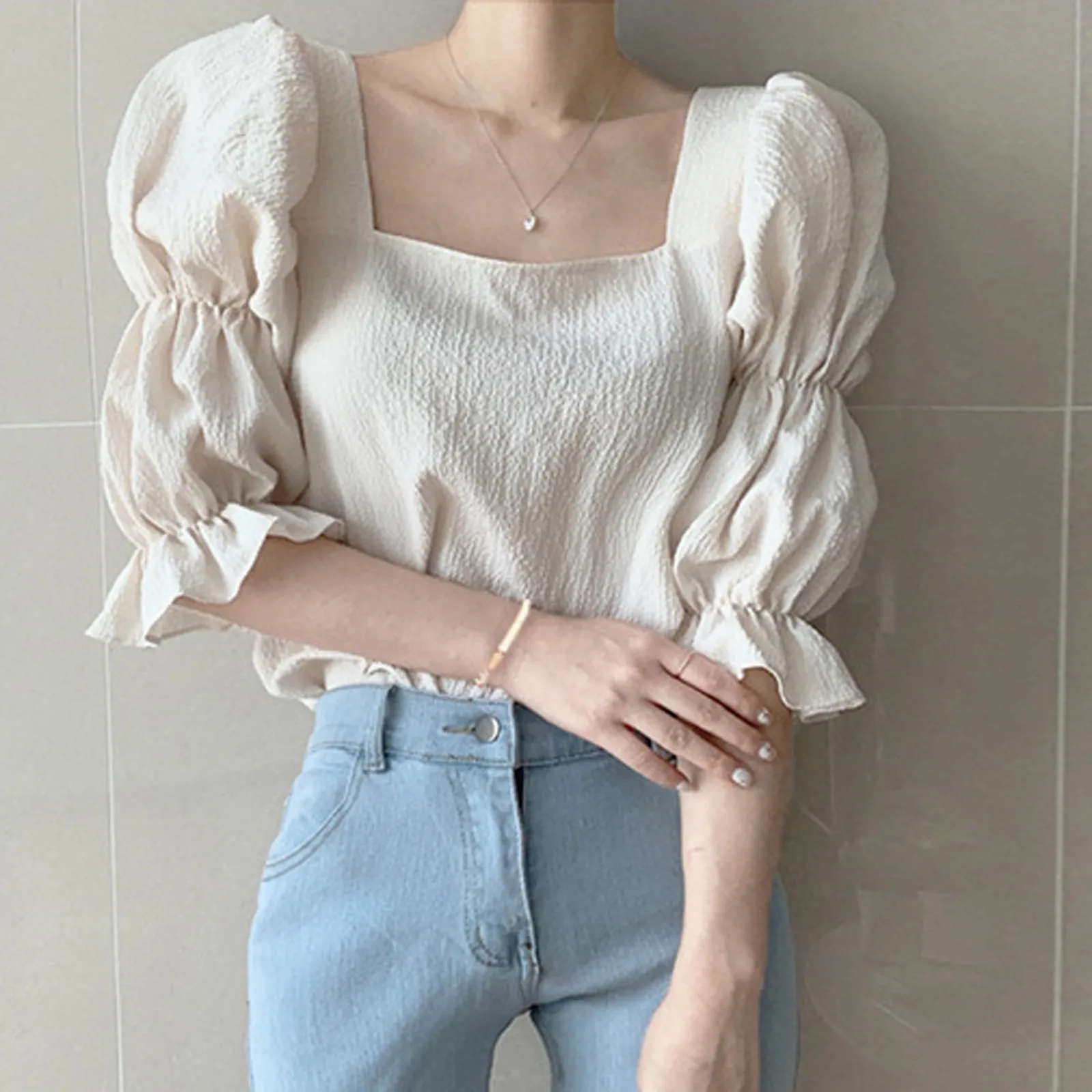 2024 Blouses For Women Solid Sweet Lantern Sleeve Daily Classic Summer All-Match Young Ulzzang Style College Simple Slim Newly