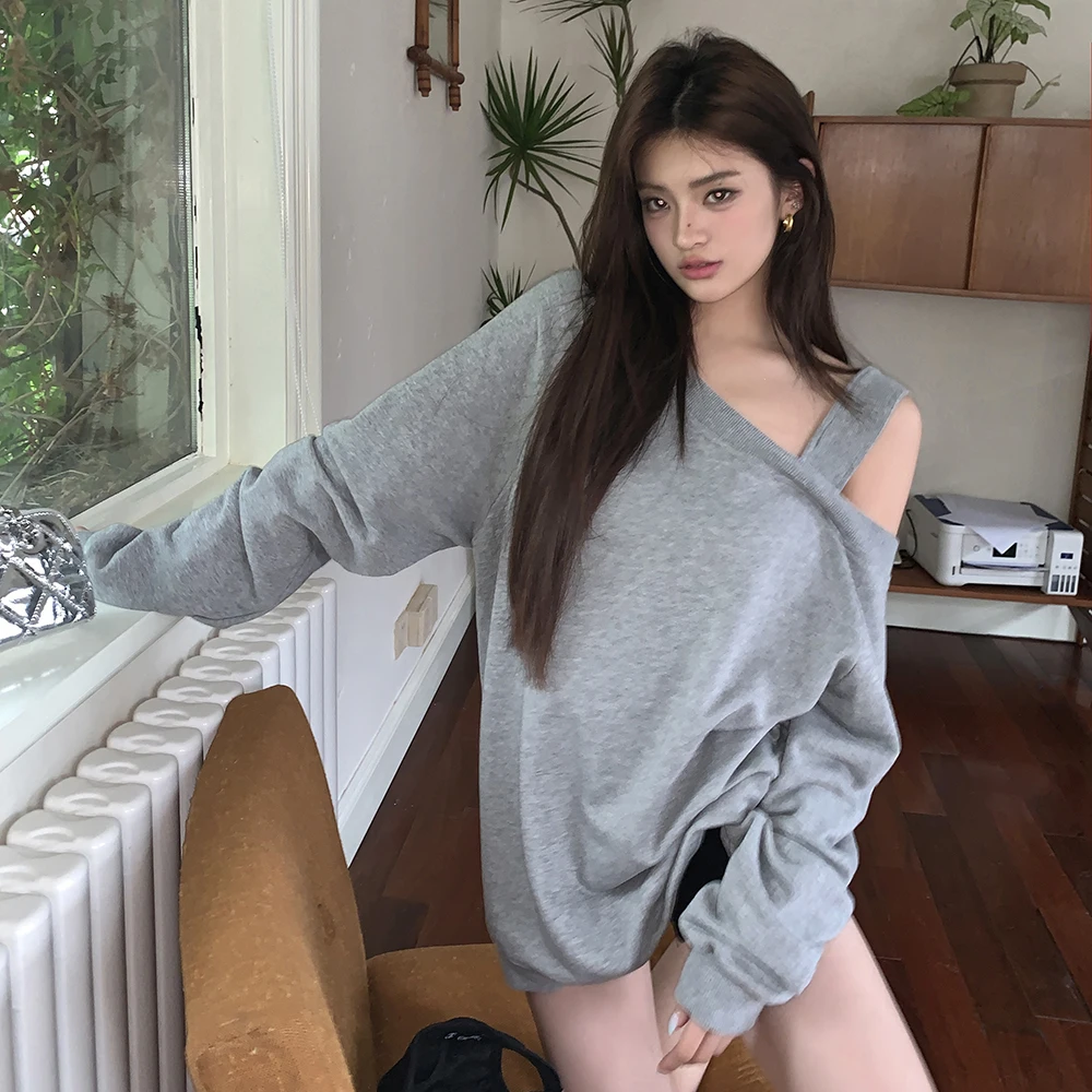 Korean style Off-Shoulder Loose Fit Sweatshirt, Casual and Stylish Top