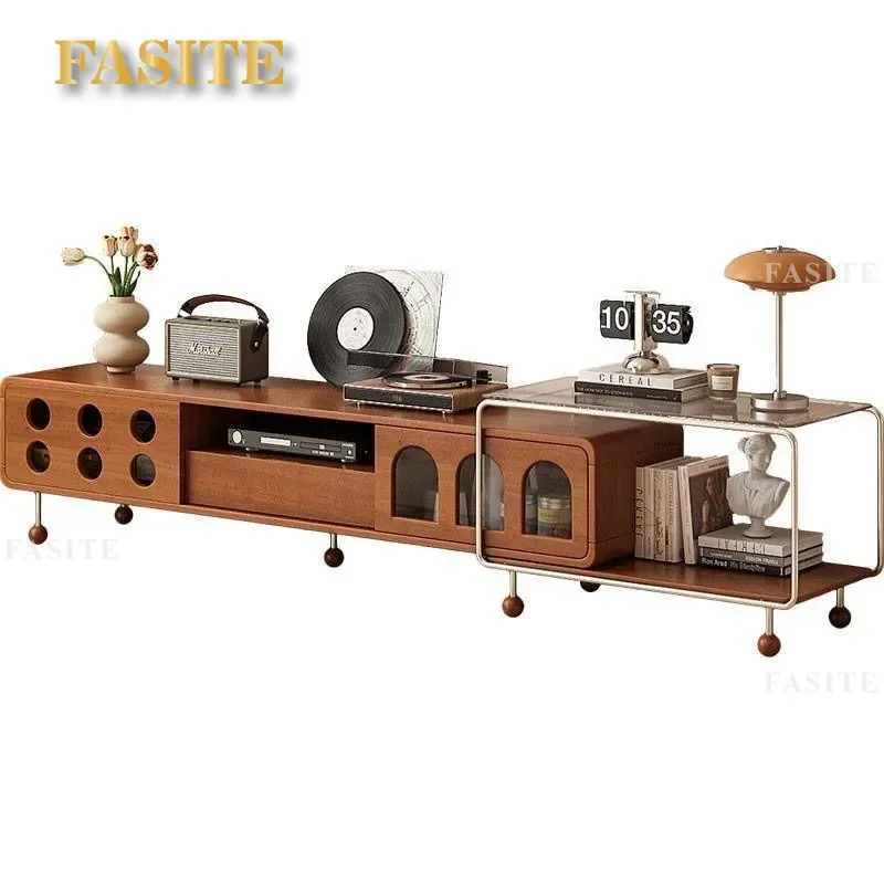 for French Retro Telescopic TV Cabinet Small Apartment American Solid Wood Storage Cabinet Combination Medieval Living Room