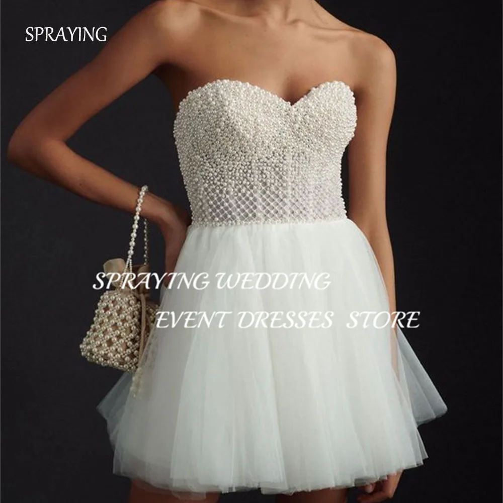 

SPRAYING Sexy Mini Tulle A-line Bridal Gown Sweetheart Beaded Wedding Dress Short Above the knee Pleat Women Prom Dress