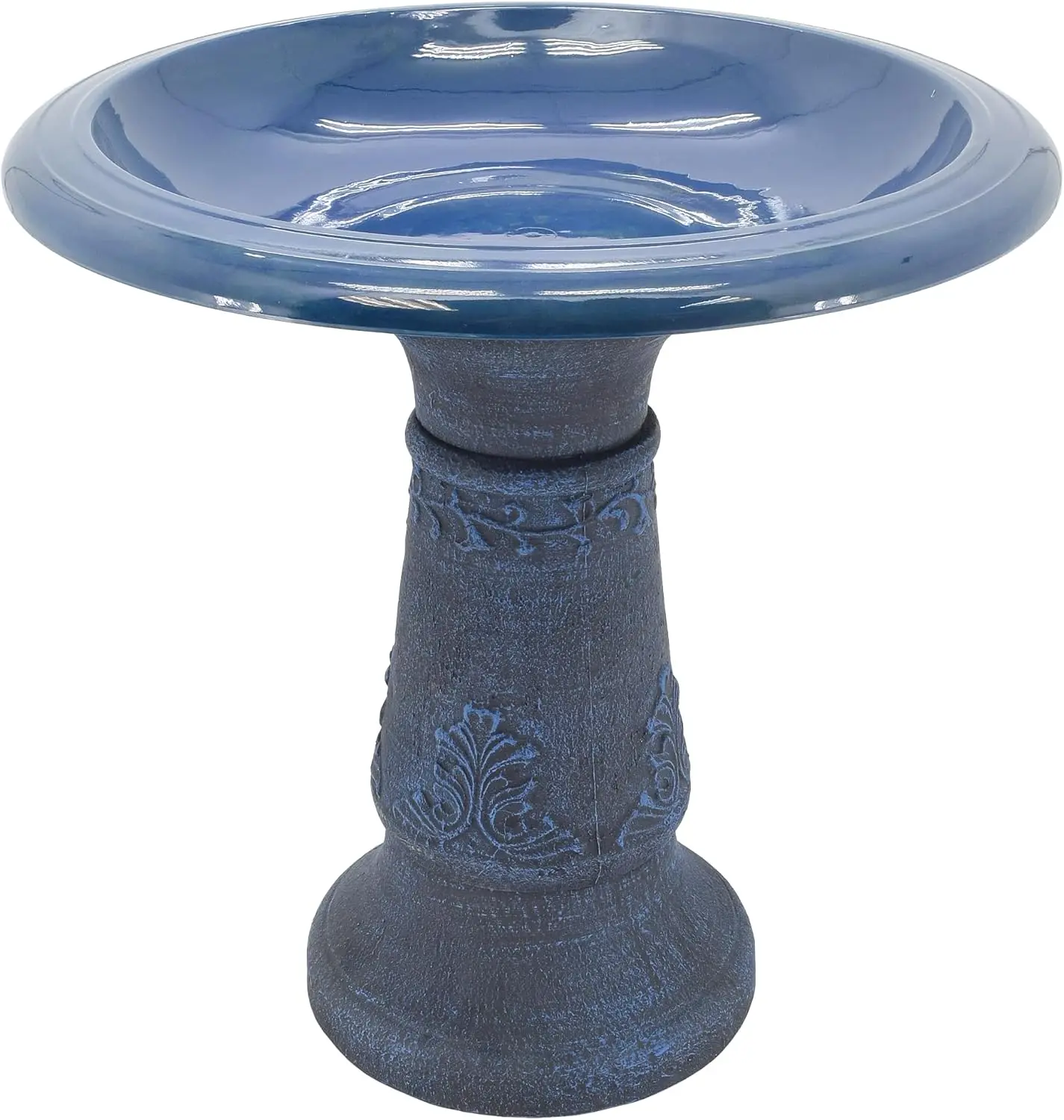 

Antique Blue Fiberclay Bird Bath, 20-inch Tall, Weather Resistant Outdoor Garden Decor for Backyard and Patio