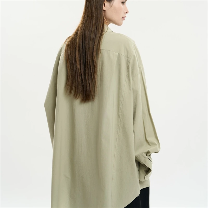 Wiosenna i jesienna damska luźna koszula z długim rękawem i kołnierzykiem w jednolitym kolorze