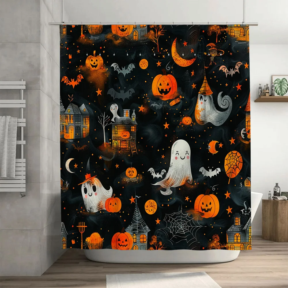Halloween Decor Shower Curtain Spooky Ghosts Pumpkins Halloween-themed Bathroom Shower Curtains for Kids' Bathrooms