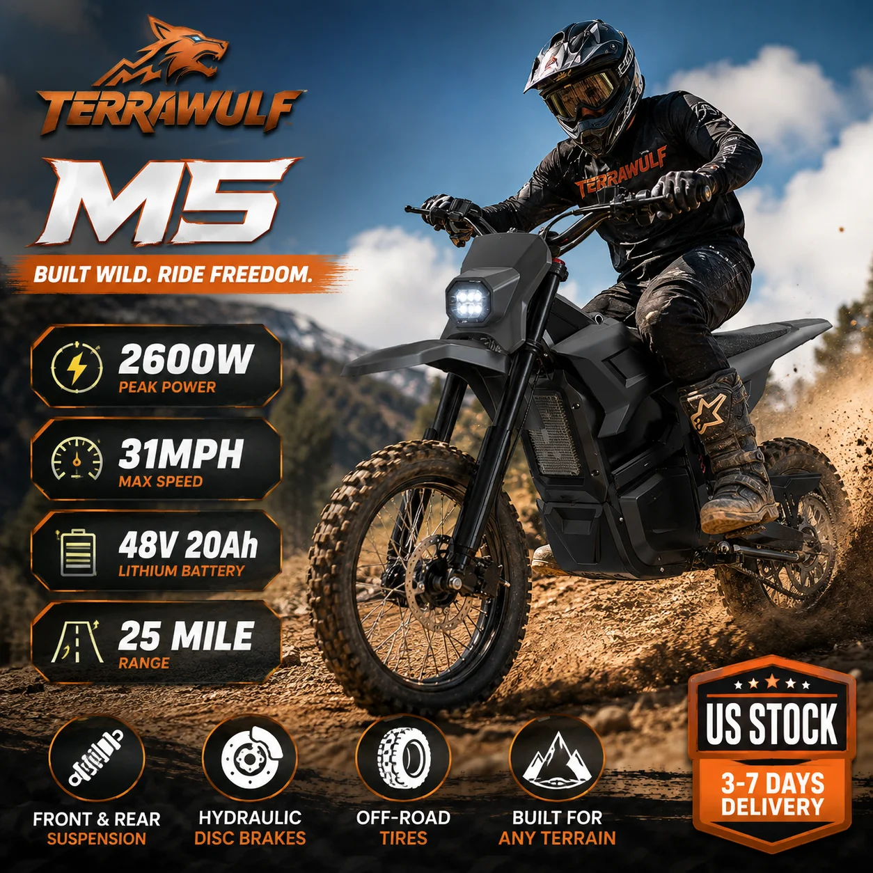 M5 Electric Bike for Adults 2600W Peak 30MPH Max Speed 48V 20Ah Lithium Battery 25 Mile Range All-Terrain Off-Road Electric Motorcycle  Tires Inverted Front Fork Rear Shock Absorber Hydraulic Disc Brakes Chain Drive E-Dirt Bike for Off-Road