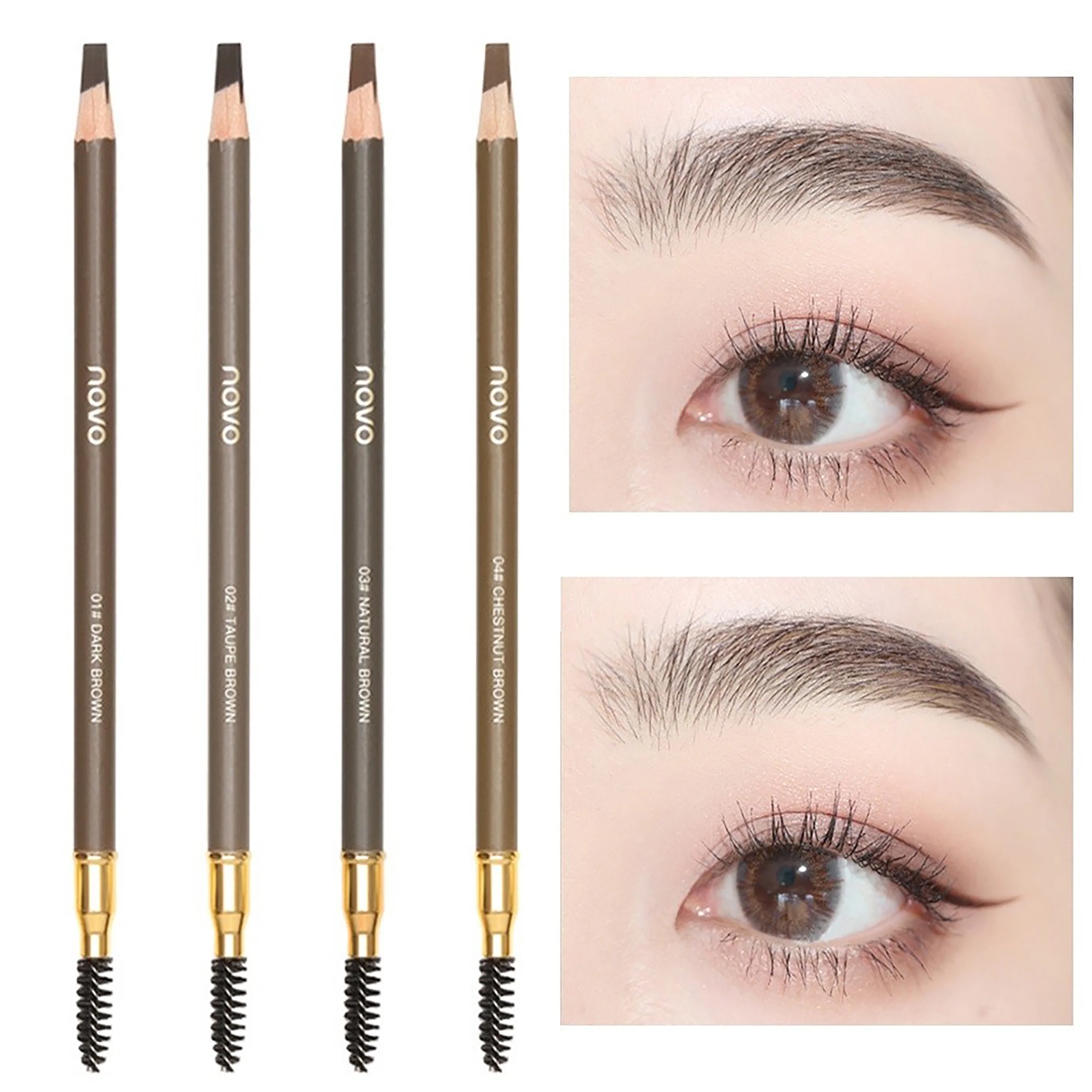 방수, 땀에 강함, 색이 바래지 않음, 오래 지속됨, 가는 팁의 덕빌, 초미세 이중 끝날로 연마된 눈썹 펜슬