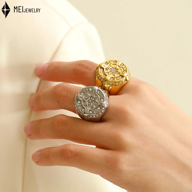 Hot Selling New Punk Hip-Hop Jewelry Octagonal Star Studded Cubic Zirconia Compass Men Women Stainless Steel Jewelry Rings  ﻿