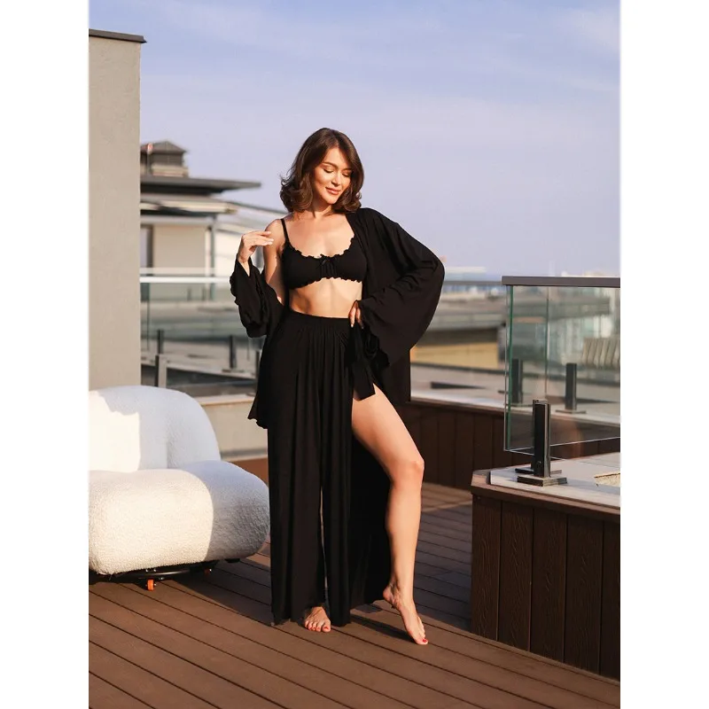 Silky Stretch 3Piece Women Loungewear Set Long Sleeve Open Robe Ruffle Crop Cami High Slit Wide Leg Pants Soft Cool Sleep Outfit