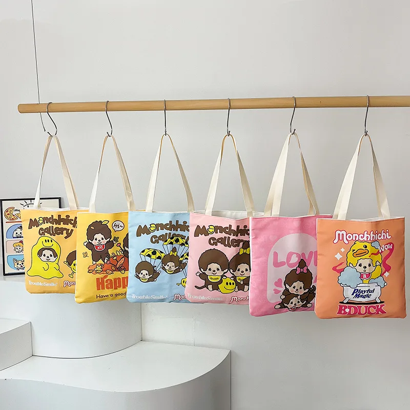 Monchichi little monkey canvas handbag cartoon commuting portable satchel new cute student shopping handbag