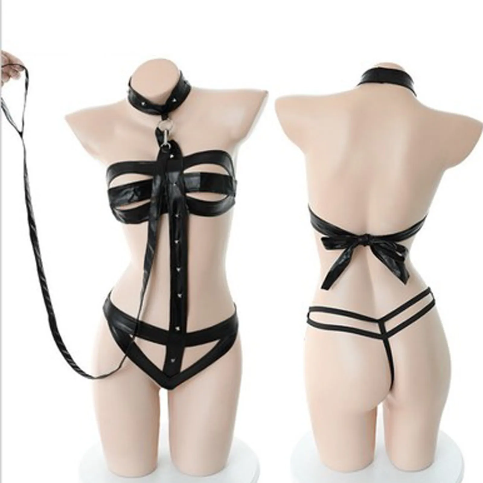 Body Sexy de cuero para mujer, ropa interior Bdsm, Bondage, remache, exótico, Halter, gótico, cadena de Metal, picardías, disfraz Sexy