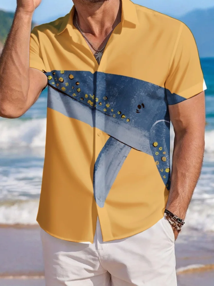 

Plus Size Office Tunics Men's Whale Print Light Blue Short Sleeve Button-Down Shirt Casual Ocean Art Printed Summer Beach Tops