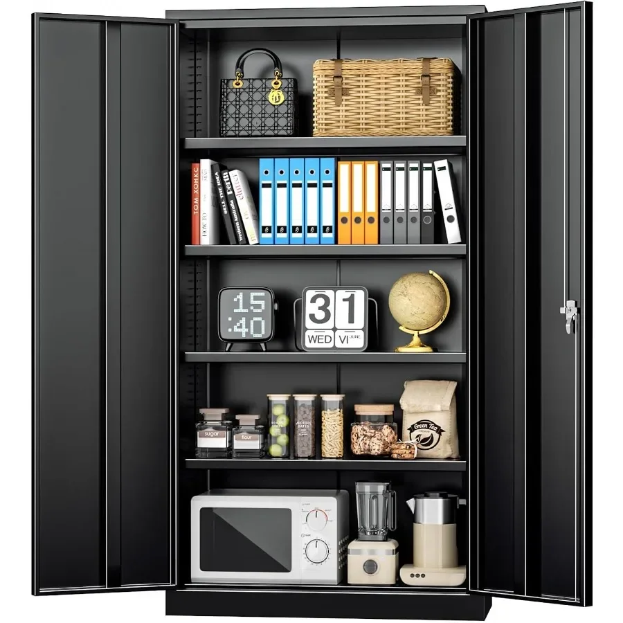 Home office and garage metal storage cabinet with locking doors and shelves, black steel construction, 72-inch tall durable loc