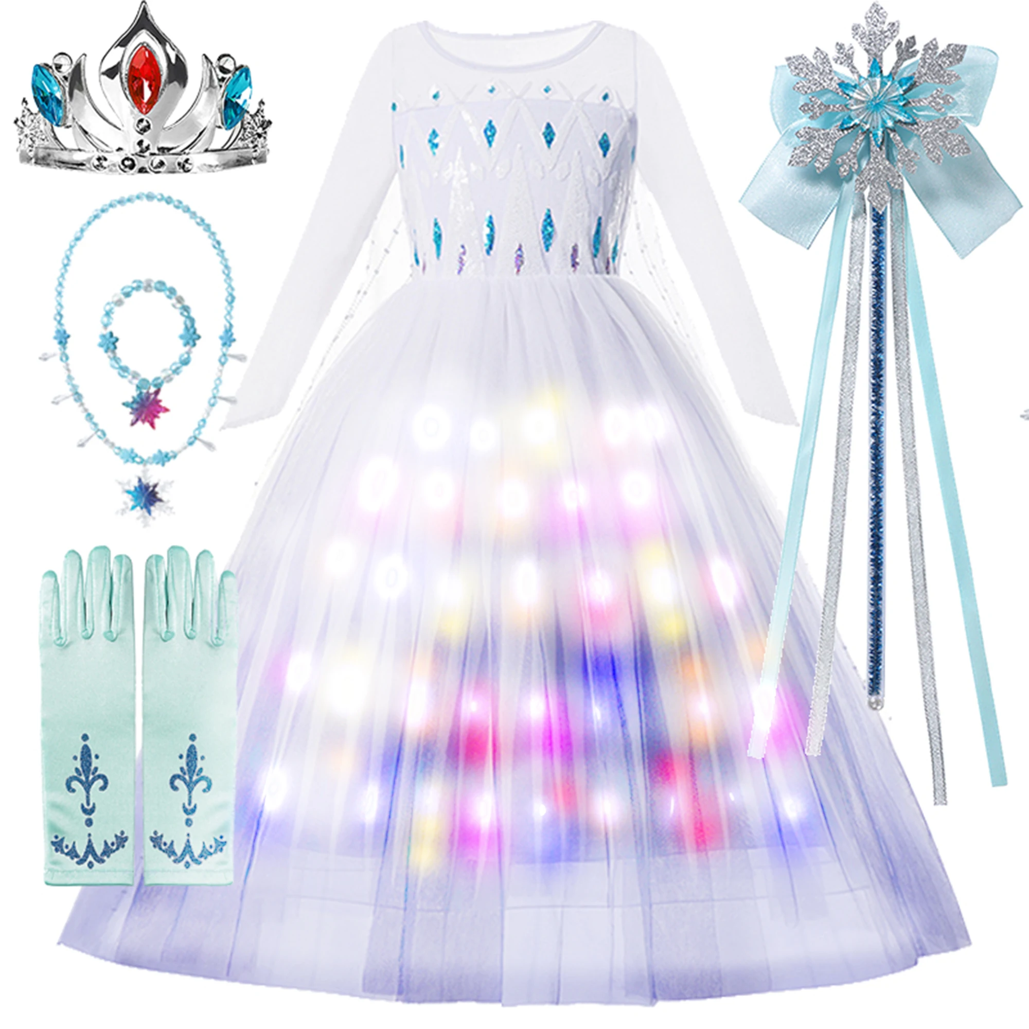 Disney Frozen Princess LED Light Up Dress Baby Girls Elsa Anna Cosplay Costume Purim Carnival Birthday Party Clothing 2-10 Years