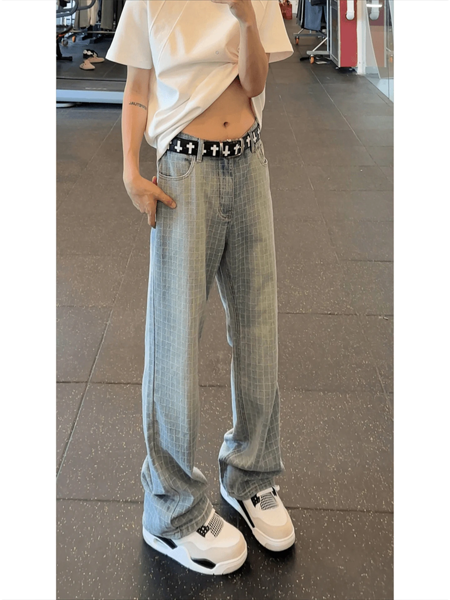 

Cleanfit Plaid Wide Leg Men's Jeans Summer American High Street Slimming Loose Straight Long Trousers Teenage Wear