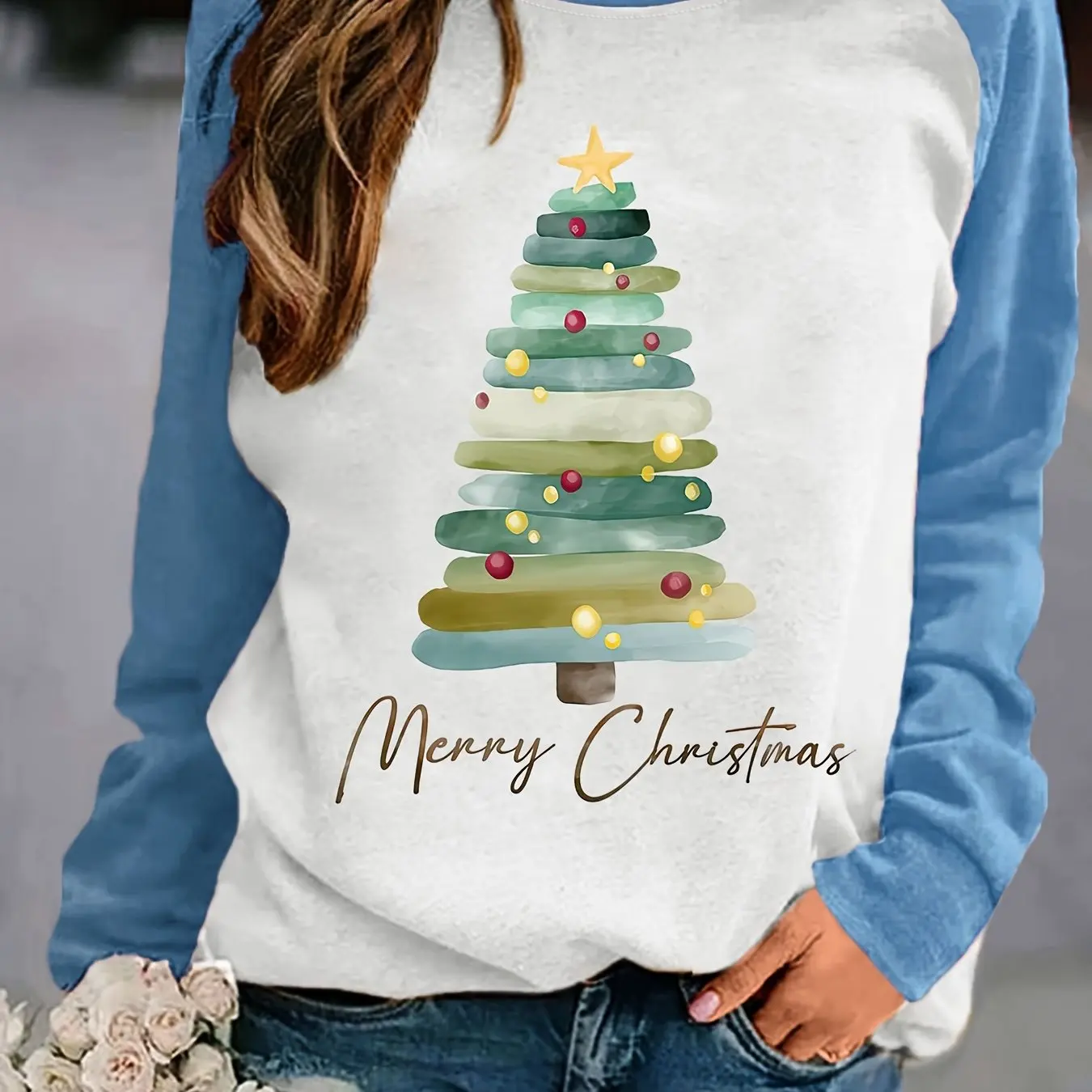 Christmas Tree Print Pullover Sweatshirt - Soft Casual Long Sleeve Crew Neck Design For Fall & Winter - Women\'s Comfort Clothing