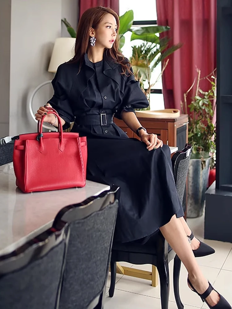 

Korean Elegant Women Loose Jacket Coat Casual Vintage Solid Ruffle Single Breasted Belt Lady Femme Mujer Spring Autumn Outerwear