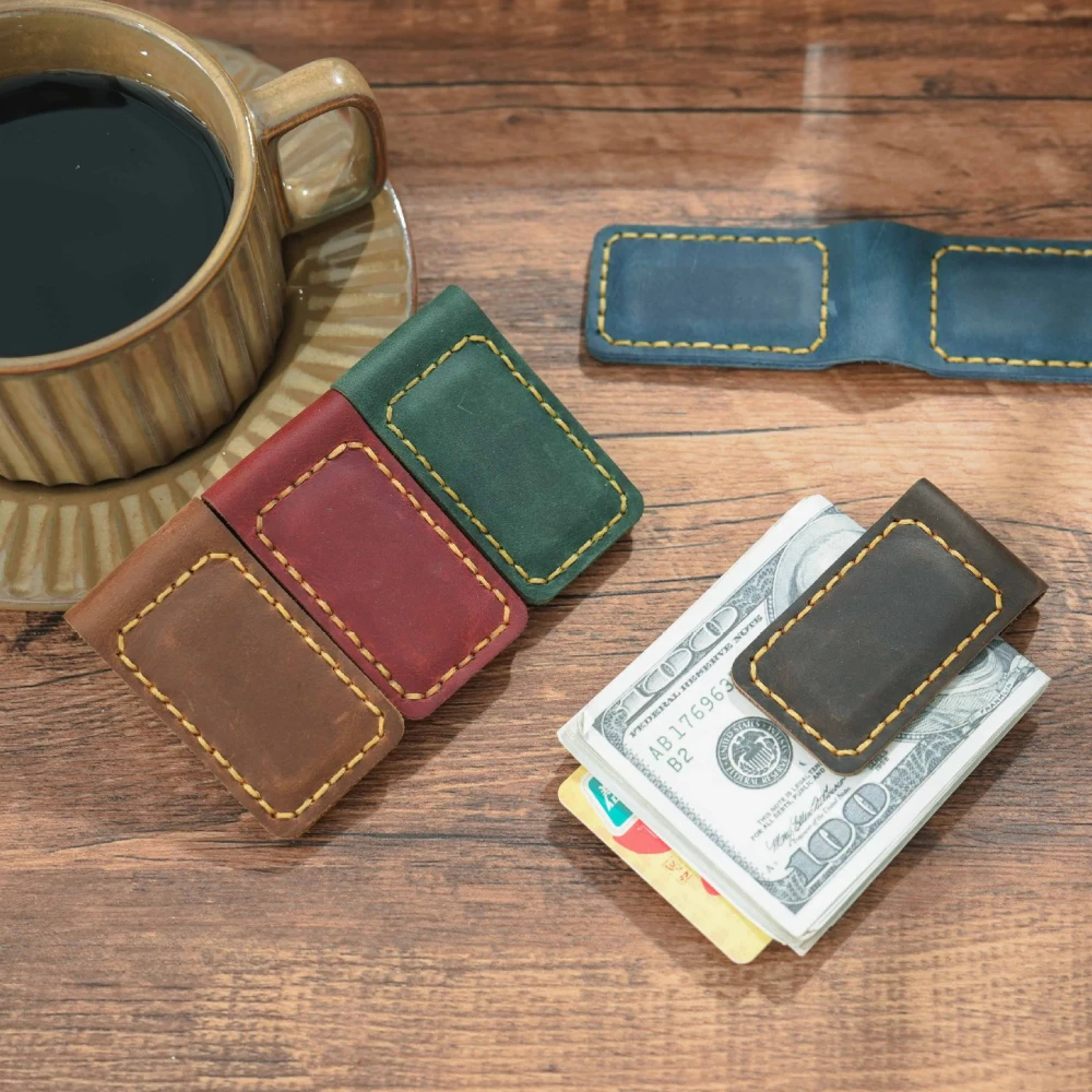 

Cash Clip Slim Genuine Leather Wallet for Men Money Clip Minimalist Front Pocket Bifold Wallets Crazy Horse Skin