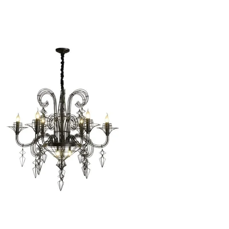 Black French Retro Chandelier Baroque Hollow Metal Pendant Light for Living Room Villa Staircase Decorative Ceiling Lamp