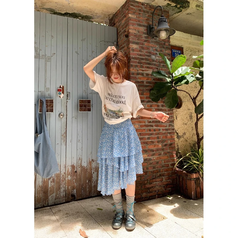 Korean 2025 Summer Blue Floral Irregular Women's A-line Skirt New Design Sweet Cute Versatile Thin Medium Long Skirts ladies