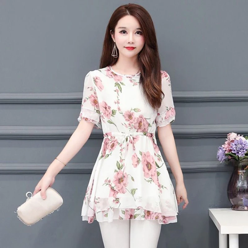 

Elegant O-Neck Printed Shirring Bandage Blouses Women's Clothing 2025 Summer New Loose Office Lady Tops Butterfly Sleeve Shirts