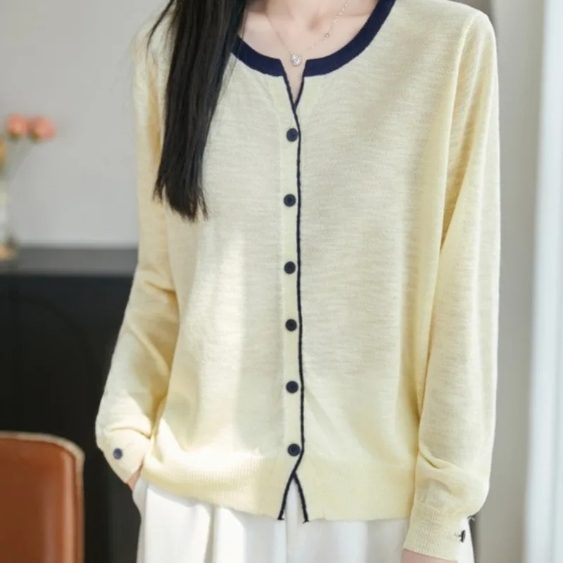 Spring Summer New Bamboo-joint Linen V-neck Knitted Cardigan Long-sleeved Women's Loose  Versatile Thin Top with Color Blocking