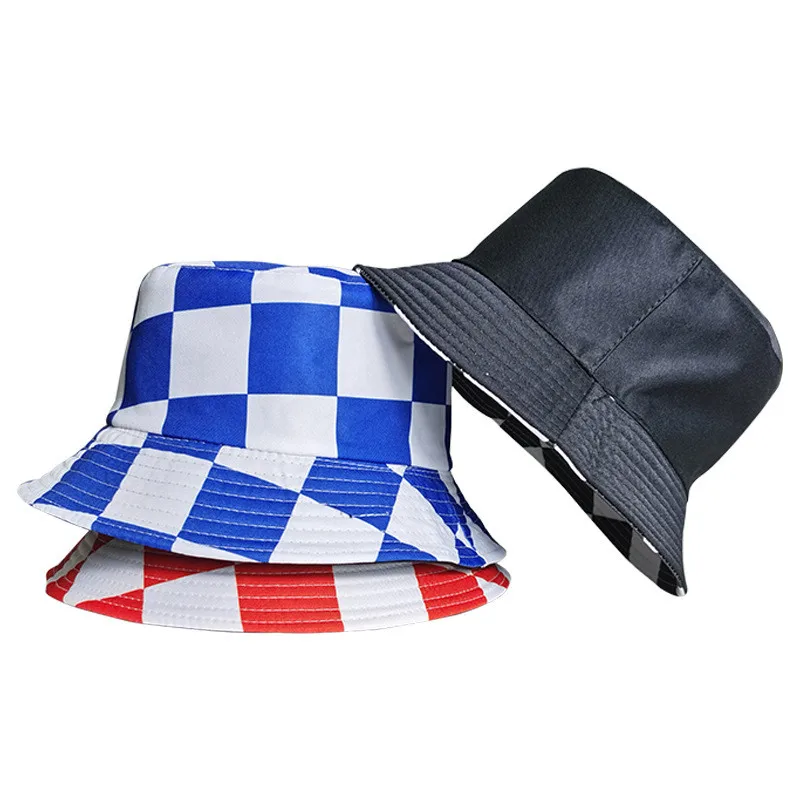 Cotton Plaid Print Two Sides Wear Bucket Hat Fashion Joker Outdoor Travel Sun Cap For Men And Women 187