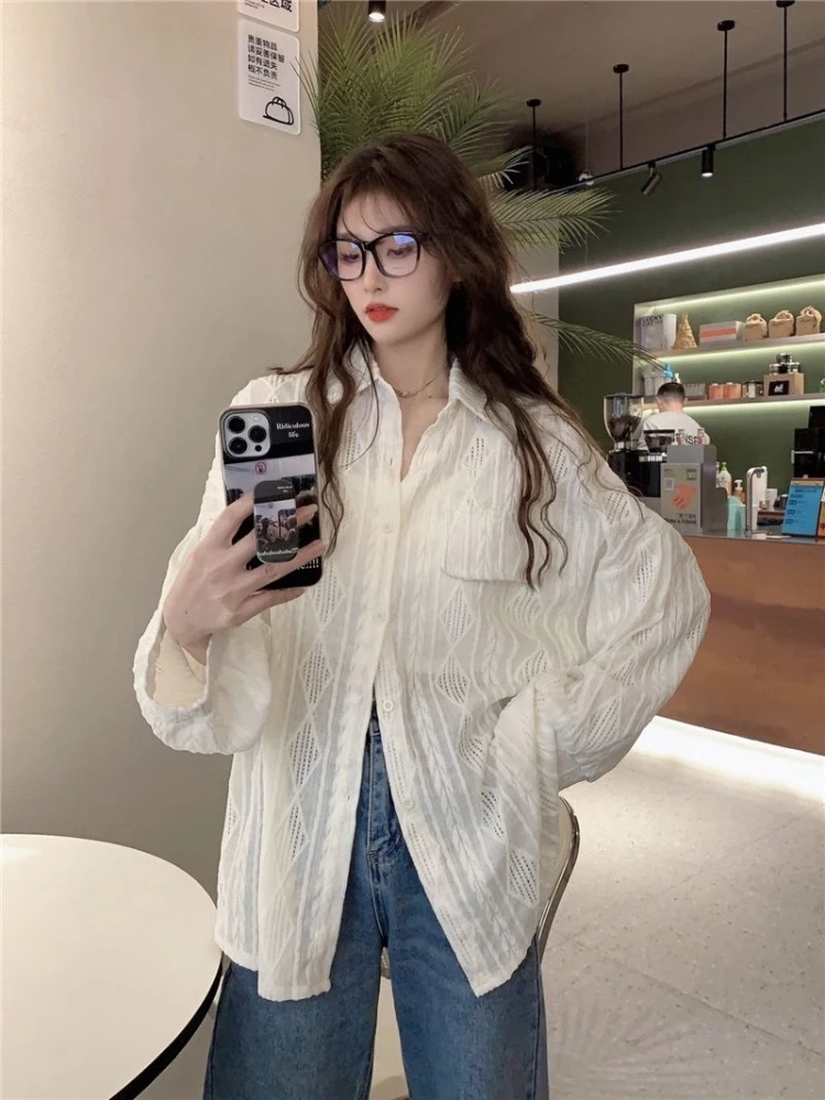 Turn-down Collar Shirt Women Loose Korean-style Leisure Hollow Out Design Long-sleeve Pocket Solid Simple Office Ladies Design