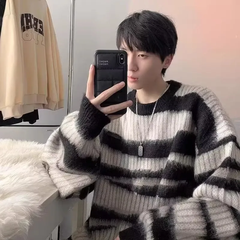 

Retro Japanese Large Size 300 Pou Loose Striped Men's Sweater Autumn Winter Hong Kong Sle Casual round Ne Knitted irt