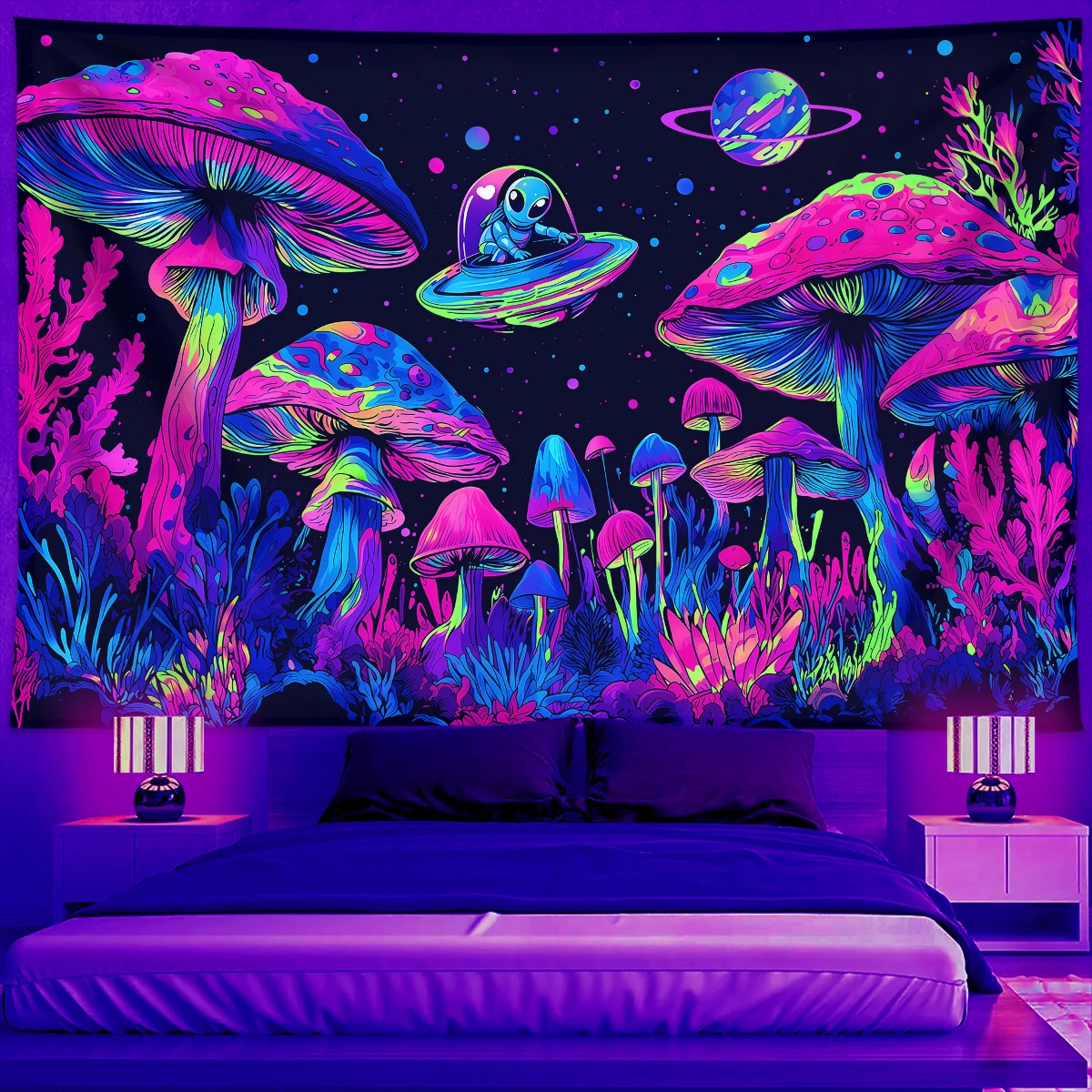 1pc Fluorescent mushroom tapestry, UV tapestry, dreamy mushroom plant black light tapestry, room and living room decoration view 4