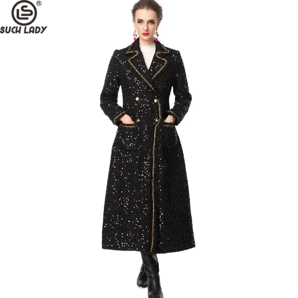 

Women's Sequin Coat with Gold Chain Trim, Double Breasted Long Sleeve Maxi Trench Elegent Outerwear