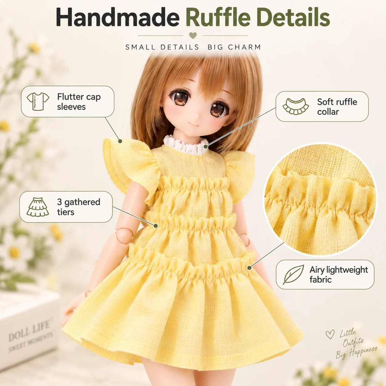 Mi Tian Si Ariel Body Cloth for Blythe/Azone 3rd Gen M Doll Summer Goose Yellow Small Flying Sleeve Skirt OB24