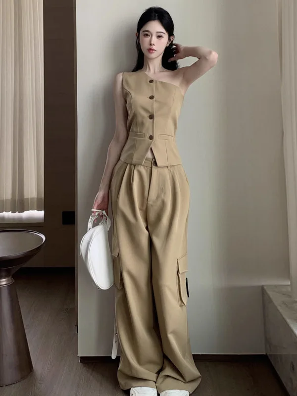 

Spicy Girl Shoulder Angle Sleeveless Suit Vest Top High Waist Design Casual Wide Leg Suit Pants Summer Set Women