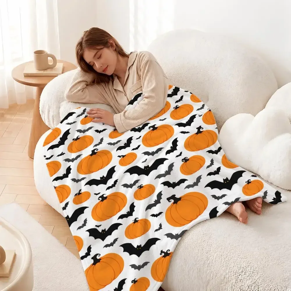 Halloween Ghost Bat Scatter Pattern Throw Plush Flannel Throw Blanket, Sofa Bed Travel Picnic Home Textile Decor