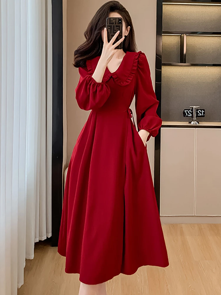 가을 겨울 레드 긴 소매 러플 달러 칼라 롱 드레스 여성 빈티지 럭셔리 이브닝 드레스 2025 한국 우아한 프로모션 드레스