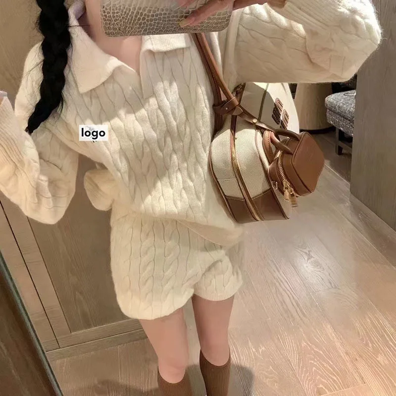 White Basic Women Kint Sweater and Shorts Oversized Pullovers Korean Fashion Autumn Casual Jumper