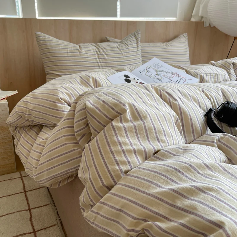 

Ins Nordic Bedding Set Striped Pure Cotton Duvet Cover Set Skin-Friendly Single Twin Full Queen Size Flat & Fitted Sheets Set