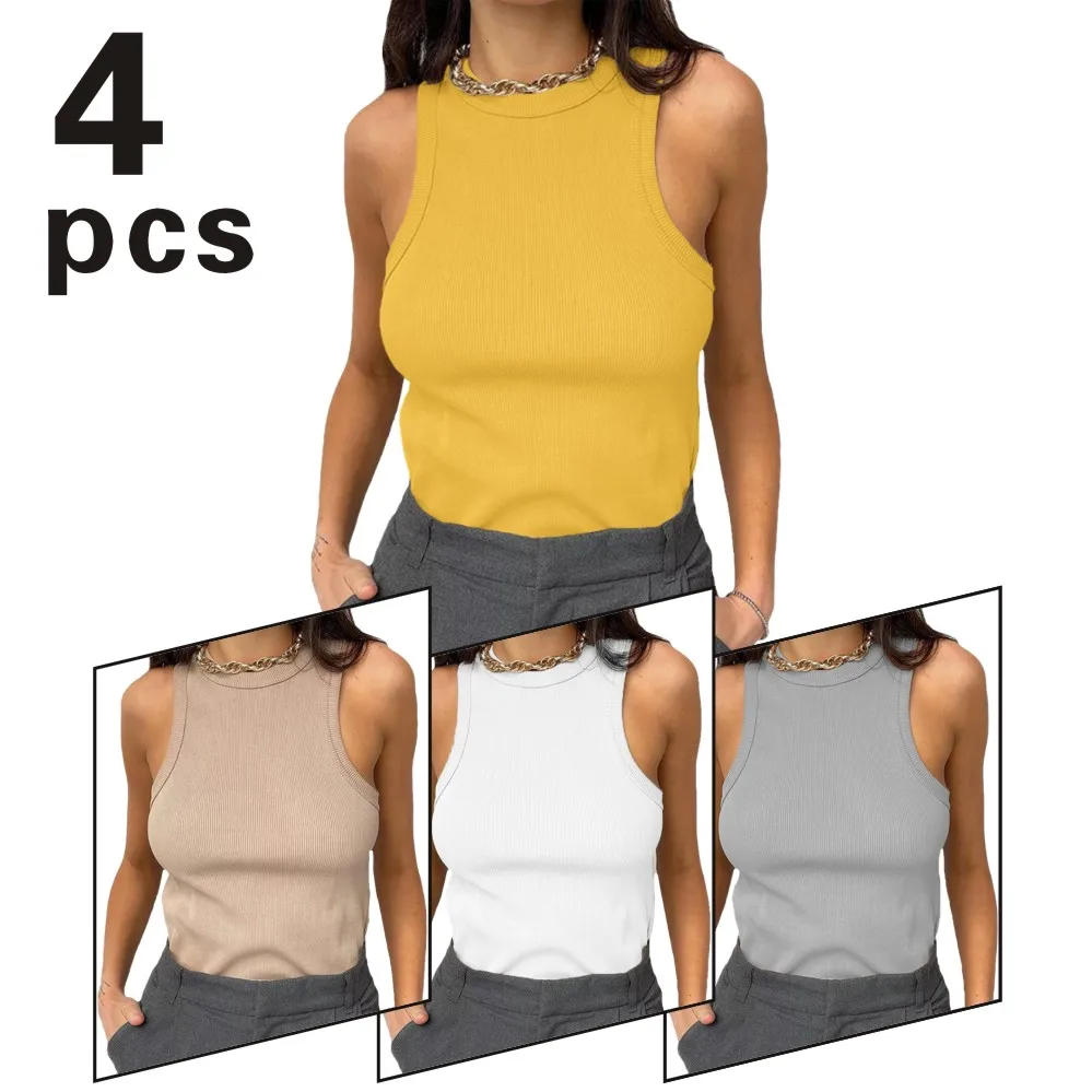 Four Piece Crop Vest Solid Round Neck Ribbed Tank Top Women Camisole Women Summer Basic Elastic Tank Top O Neck Solid Tank Top