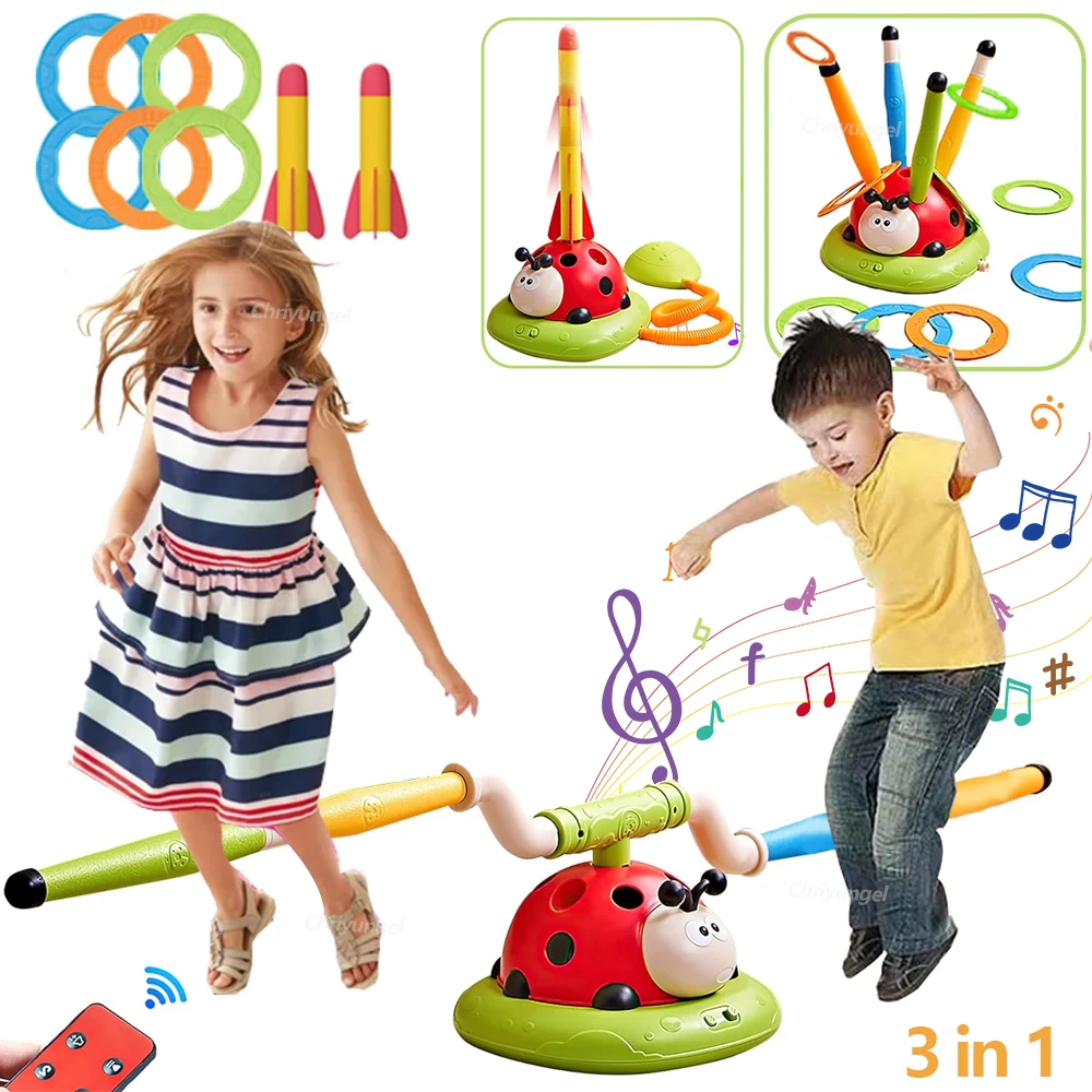 

3 in 1 Musical Jump Outdoor Toys Toss Ring Game Toy and Rocket Launcher for Kids Ladybug Multifunction Exercise Machine Gifts