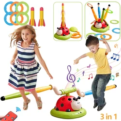 3 in 1 Musical Jump Outdoor Toys Toss Ring Game Toy and Rocket Launcher for Kids Ladybug Multifunction Exercise Machine Gifts