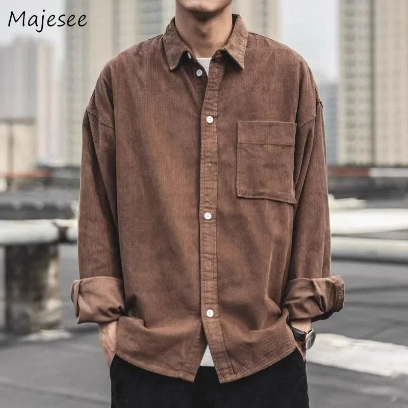 

Shirts Men Corduroy Vintage American Style Handsome Simple All-match Tops Casual Camisas Popular High Street Streetwear Chic Ins