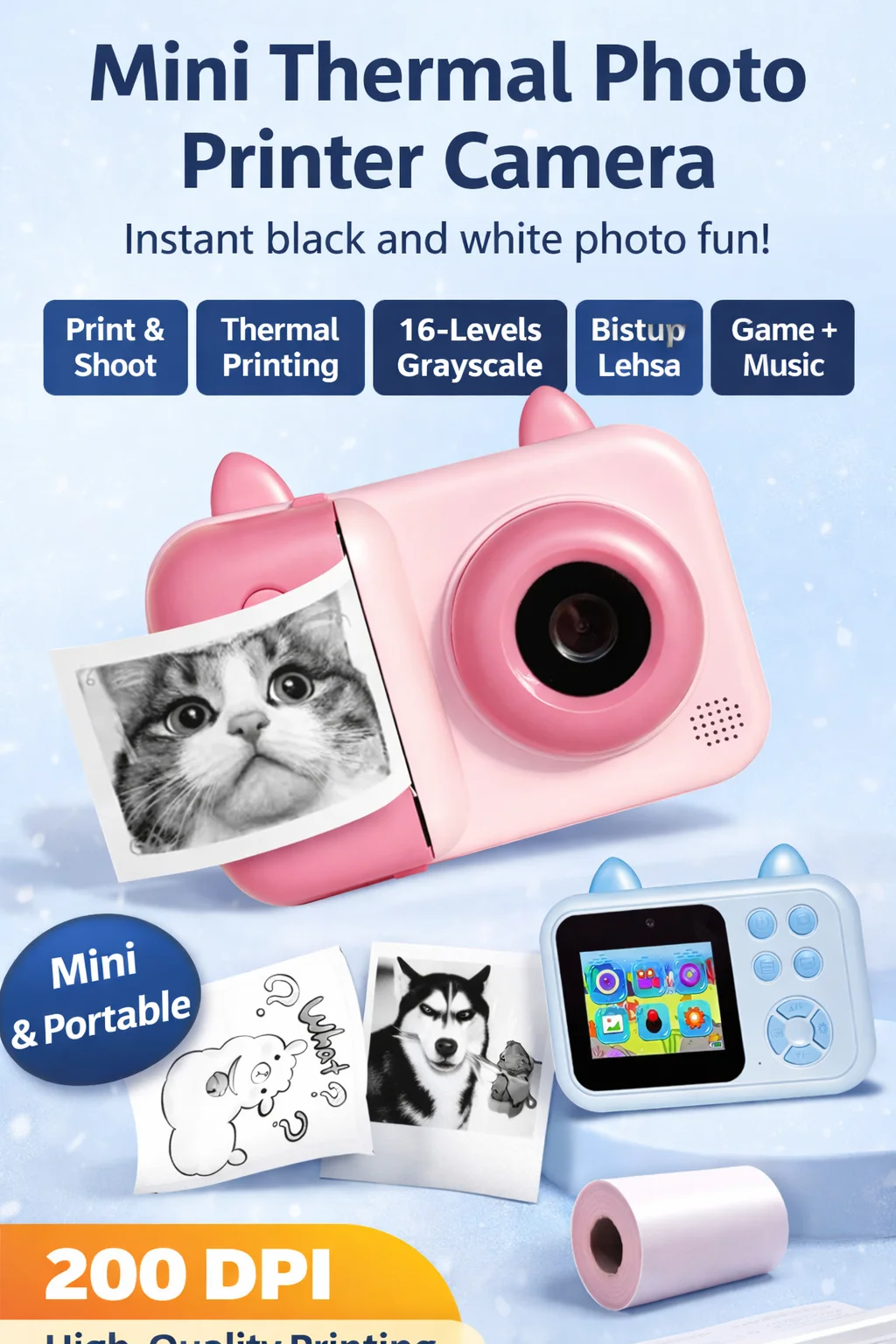 

Selfie Camera Printer,Chritmas Birthday Gift for Thermal Printing,Portable 1080HD Digital ,57*25mm Print