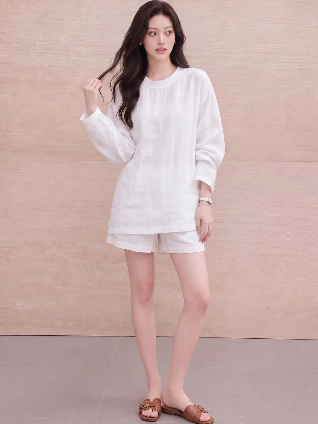 Casual Linen Women's Set Summer Fashion Simple Lazy Shirt Shorts Moneyed Style Clothing Loose Fit Korean Style Long Sleeve