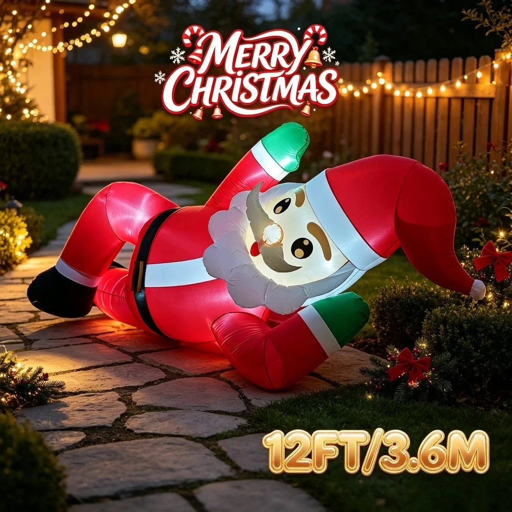 12 Ft Giant Christmas Inflatable Waving Santa Claus Laying Lighted Blow Up Leisure Xmas Yard Prop Holiday Party Outdoor Decor
