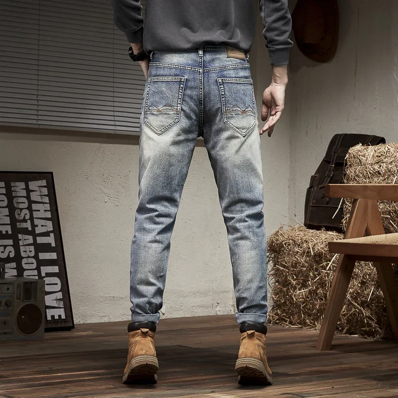 European and American retro elastic jeans men\'s slim straight leg pants mens jeans skinny jeans men streetwear men