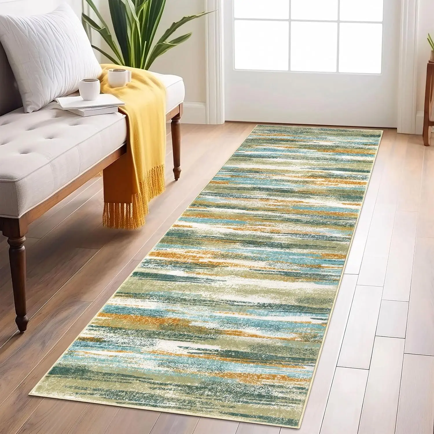 

Modern Abstract Runner Rug 2x6, Green Mustard Multi Washable Kitchen Runner Non-Slip Soft Hallway Rug Runner Thin Print