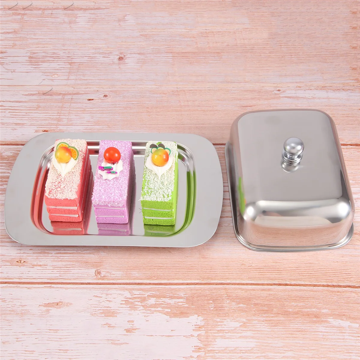 RIRI Lujosa recipiente para platos de mantequilla de acero inoxidable, bandeja de almacenamiento para servidor de queso brillante con tapa fácil de sostener